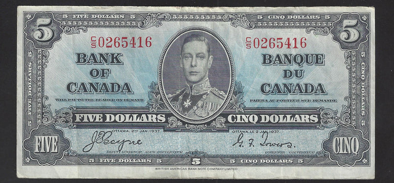 1937 $5 Bank of Canada Note Coyne-Towers Prefix C/S0265416 BC-23c (VF)