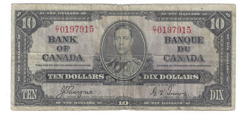 1937 $10 Bank of Canada Note Coyne-Towers, C/T, BC-24c (VG)