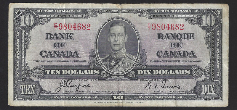 1937 $10 Bank of Canada Note Coyne-Towers Prefix C/T9804682 BC-24c (VF)