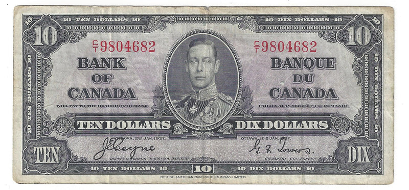 1937 $10 Bank of Canada Note Coyne-Towers Prefix C/T9804682 BC-24c (VG)