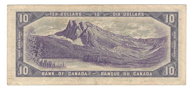 1954 Canada $10 Banknote Beattie-Rasminsky, C/V, BC-40b (Fine)