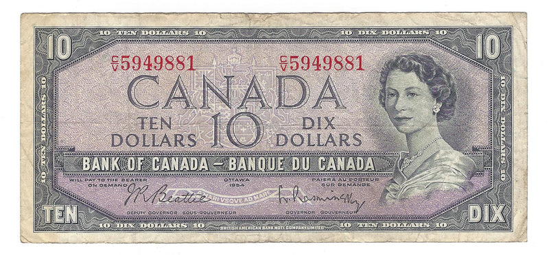 1954 Canada $10 Banknote Beattie-Rasminsky, C/V, BC-40b (Fine)