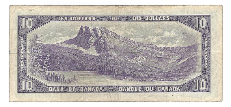 1954 Canada $10 Banknote Beattie-Rasminsky, C/V, BC-40b (Fine)