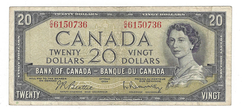 1954 Canada $20 Banknote Beattie-Rasminsky, C/W, BC-41b (F/VF)