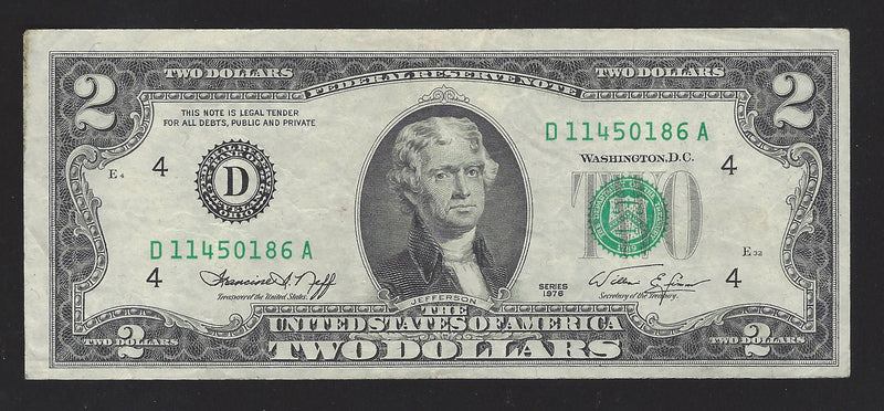 1976 USA $2 Two Dollar Bill Series (D) Green Seal Number D11450186A (VF)