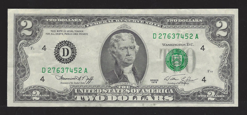 1976 USA $2 Two Dollar Bill Series (D) Green Seal Number D27637452A (VF)