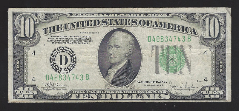 1934 C USA $10 Ten Dollar Bill Series (D) Green Seal Number D46834743B (VF)