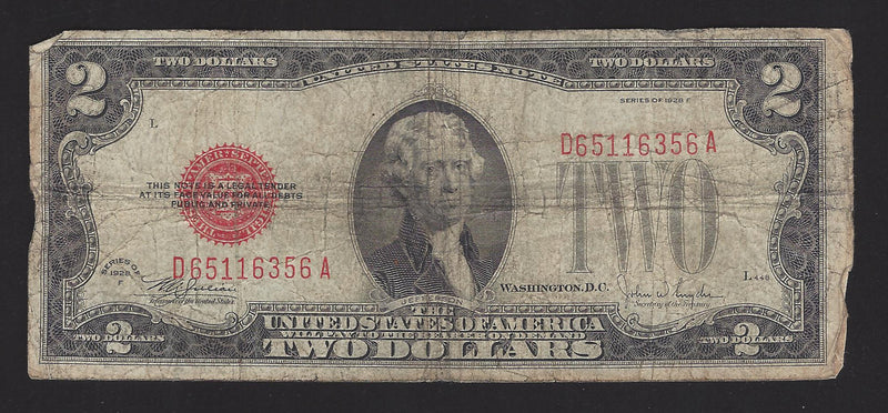 1928F USA $2 Two Dollar Bill Red Seal Number D65116356A (V/G)