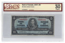 1937 Canada $5 Banknote Gordon-Towers, D/C, BC-23b Certified BCS  VF-30