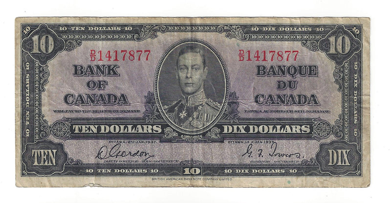1937 Canada $10 Banknote Gordon-Towers, D/D, BC-24b (F/VF)