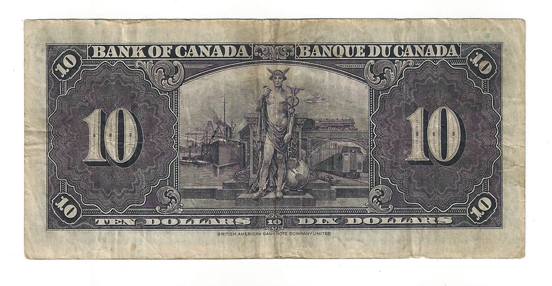 1937 Canada $10 Banknote Gordon-Towers, D/D, BC-24b (F/VF)