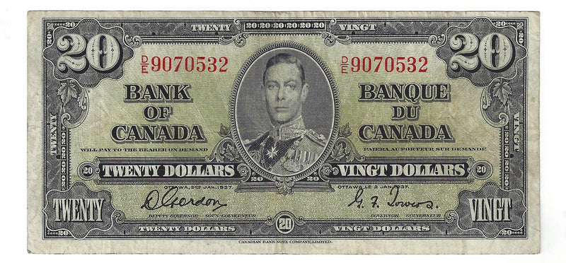 1937 $20 Bank of Canada Note Gordon-Towers Prefix DE BC-25b (Fine)