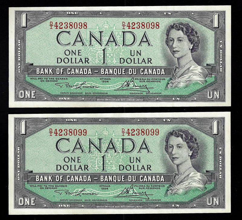 1954 $1 2 Consecutive Bank of Canada Note Lawson-Bouey Prefix D/I 4238098/099 BC-37d (Gem/Unc)