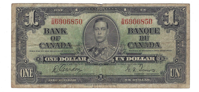 1937 Canada $1 Banknote Gordon-Towers (WP) D/M, BC-21c (VG)