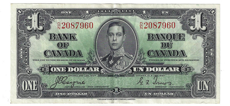 1937 Canada $1 Banknote Coyne-Towers  D/N, BC-21d (VF)