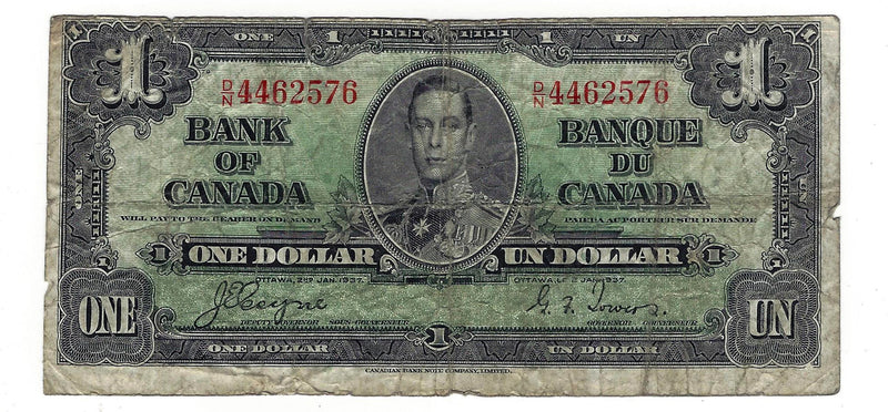 1937 Canada $1 Banknote Coyne-Towers  D/N, BC-21d (VG)