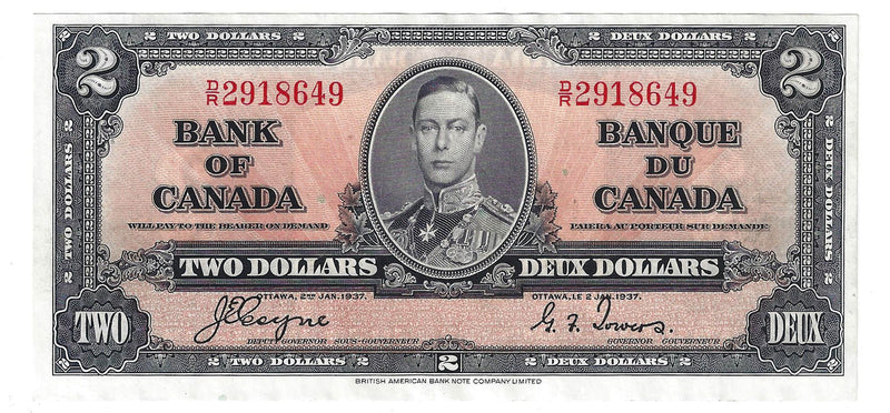 1937 Canada $2 Banknote Coyne-Towers, D/R, BC-22c (EF)