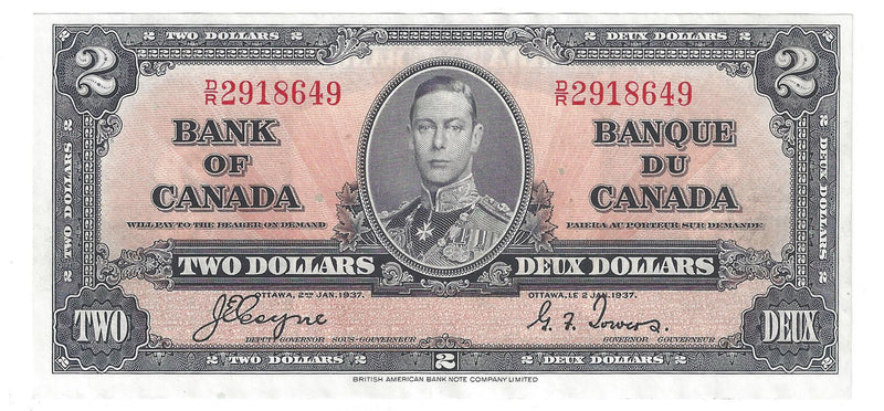 1937 Canada $2 Banknote Coyne-Towers, D/R, BC-22c (EF)