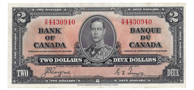 1937 Canada $2 Banknote Coyne-Towers, D/R, BC-22c (EF)