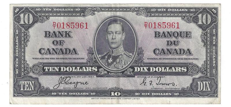1937 $10 Bank of Canada Note Coyne-Towers,D/T, BC-24c (VF)