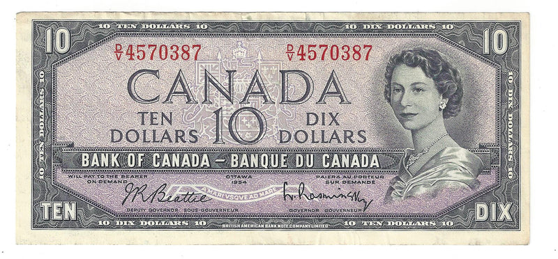 1954 Canada $10 Banknote Beattie-Rasminsky, D/V, BC-40b (VF)
