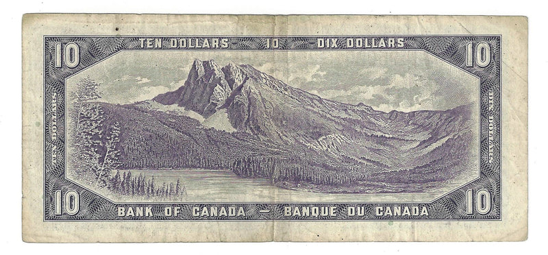 1954 Canada $10 Banknote Beattie-Rasminsky, D/V, BC-40b (VF)