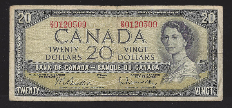 1954 $20 Bank of Canada Note Beattie-Rasmintsky D/W0120509 Prefix BC-41b (Circ.)