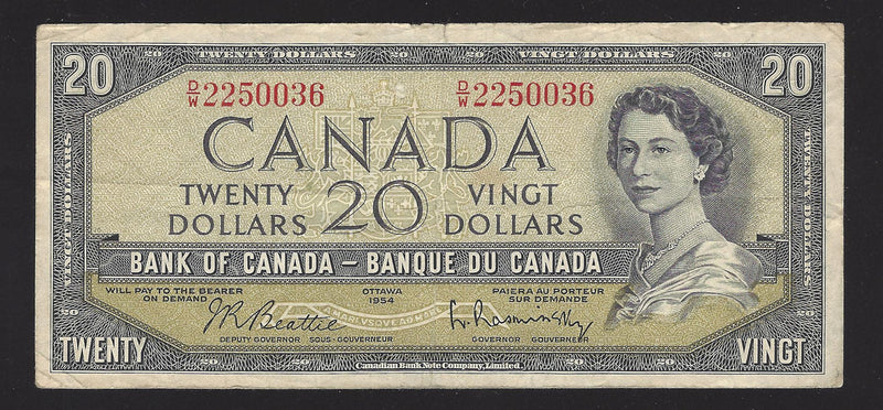 1954 $20 Bank of Canada Note Beattie-Rasmintsky D/W2250036 Prefix BC-41b (Circ.)