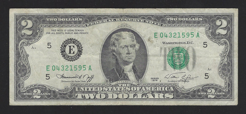 1976 USA $2 Two Dollar Bill Series (E) Green Seal Number E04321595A (F-VF)