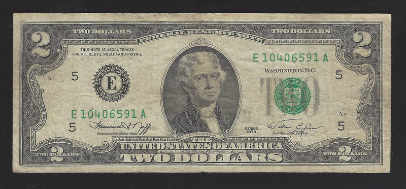 1976 USA $2 Two Dollar Bill Series (E) Green Seal Number E10406591A (VG-F)