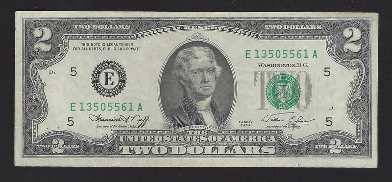 1976 USA $2 Two Dollar Bill Series (E) Green Seal Number E13505561A (VF)