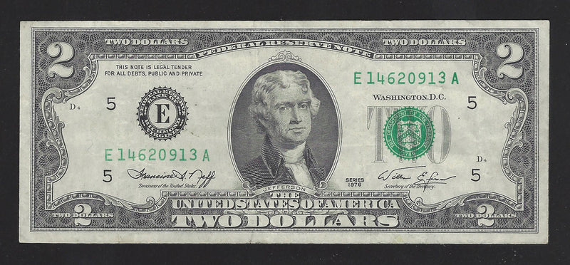 1976 USA $2 Two Dollar Bill Series (E) Green Seal Number  E14620913A (VF)