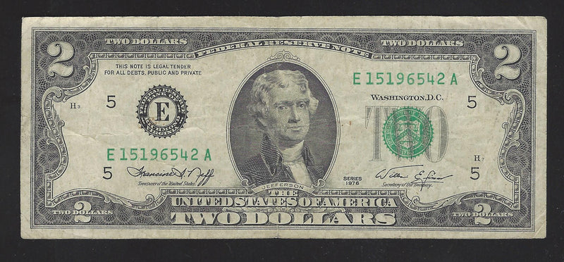 1976 USA $2 Two Dollar Bill Series (E) Green Seal Number E15196542A (Fine)