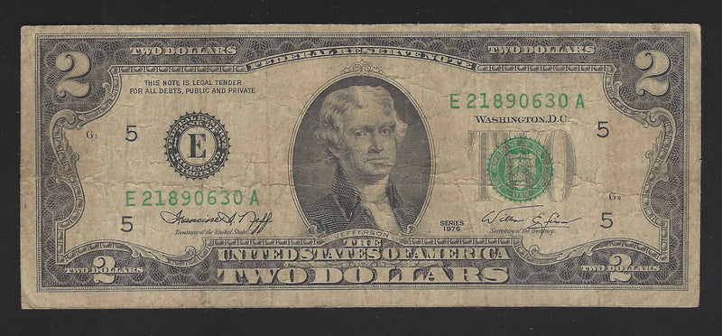 1976 USA $2 Two Dollar Bill Series (E) Green Seal Number E21890630A (VG)