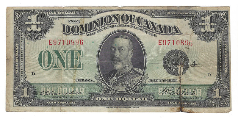 1923 Canada $1 Dollar Dominion Of Canada  Campbell-Clark, Black Sceal Group 4, DC-25o (F) Damage