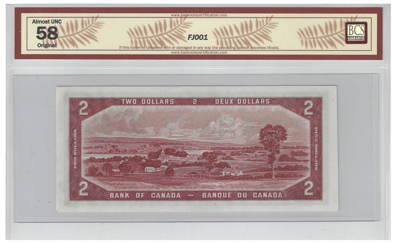 1954 Canada $2 Banknote Beattie-Coyne,Devil's Face E/B, BC-30b BCS Certified Almost UNC 58