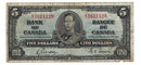 1937 Canada $5 Banknote Gordon-Towers E/C BC-23b Fine