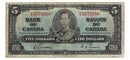 1937 Canada $5 Banknote Gordon-Towers E/C BC-23b Fine