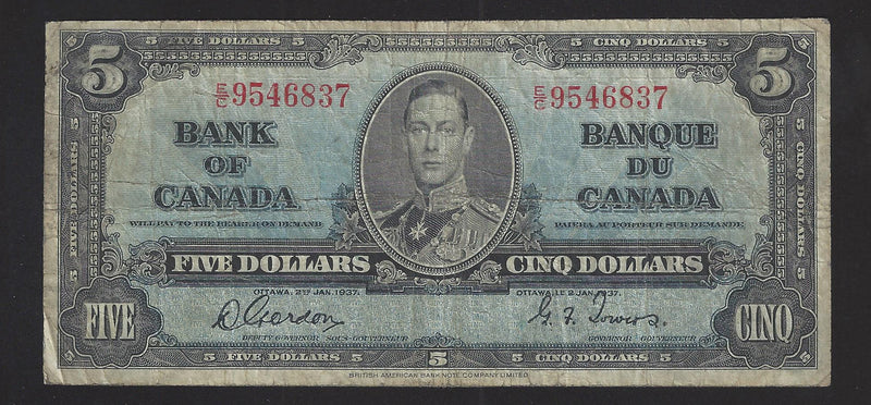 1937 $5 Bank of Canada Note Gordon-Towers Prefix E/C9546837 BC-23b (Fine)