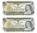 1973 Canada 2 Sequential $1 Banknote Crow-Bouey, ECB, BC-46b (UNC)