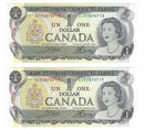 1973 Canada 2 Sequential $1 Banknote Crow-Bouey, ECR, BC-46b (UNC)