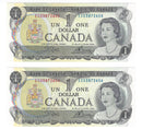 1973 Canada 2 Sequential $1 Banknote Crow-Bouey, ECU, BC-46b (G/UNC)