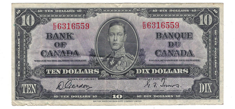 1937 $10 Bank of Canada Note Gordon-Towers,E/D, BC-24b (VF)
