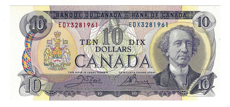 1971 Canada Lithographed $10 Banknote  Crow-Bouey ,EDX, BC-49dA  (C/UNC)