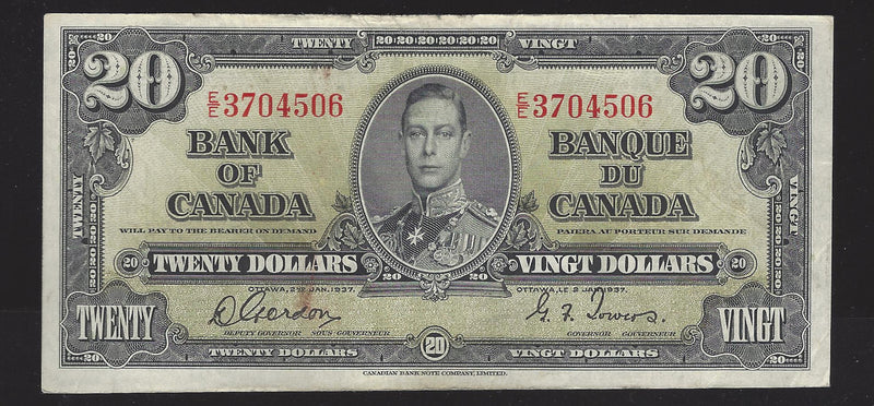 1937 $20 Bank of Canada Note Gordon-Towers Prefix E/E3704506 BC-25b (Fine)