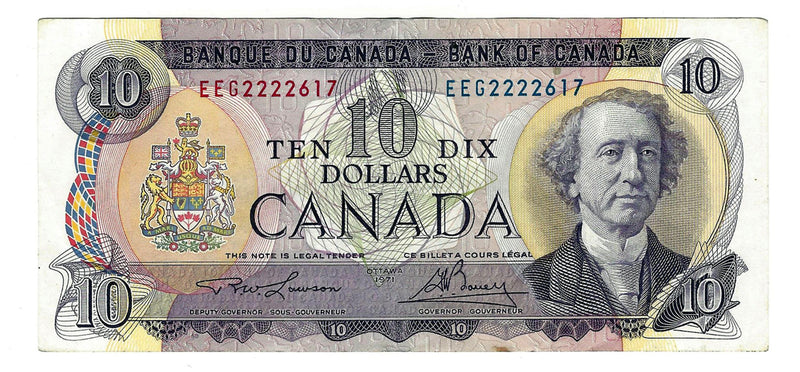 1971 Canada $10 Banknote  Lawson-Bouey ,EEG, BC-49c-i  (EF)