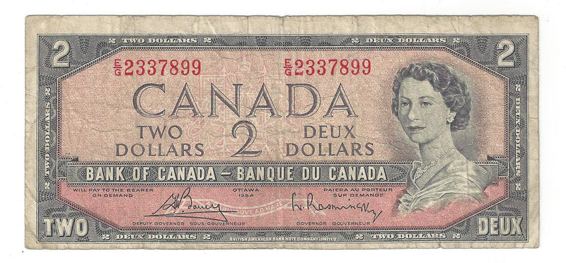 1954 Canada $2 Banknote Bouey-Rasminsky, E/G, BC-38c (Circ.)