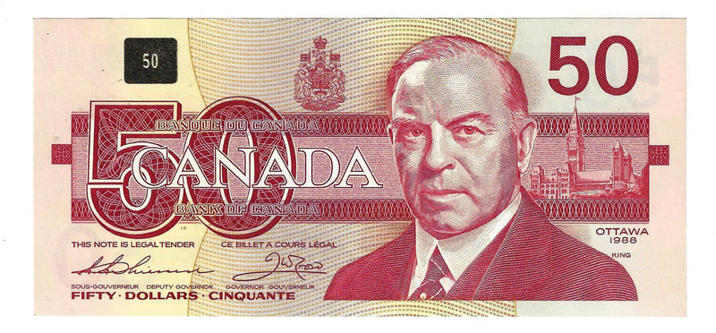 1988 Canada $50 Banknote  Thiessen-Crow ,EHP, BC-59a  (C/UNC)
