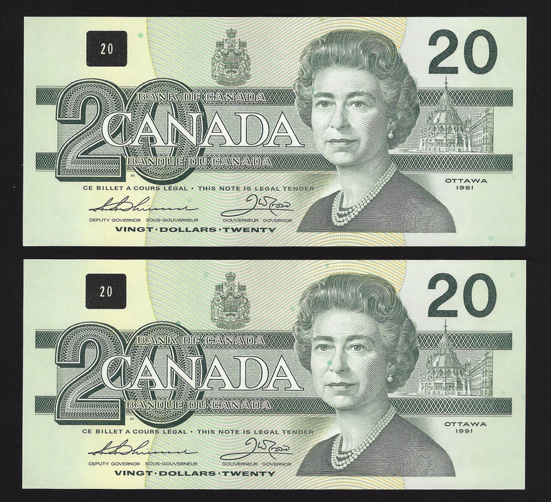 1991 2 Consecutive $20 Bank of Canada Note Thiessen-Crow With Serifs EIS4895354,55 BC-58a (Gem Unc)