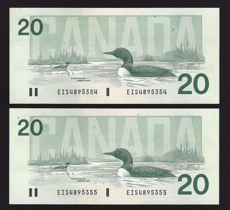1991 2 Consecutive $20 Bank of Canada Note Thiessen-Crow With Serifs EIS4895354,55 BC-58a (Gem Unc)